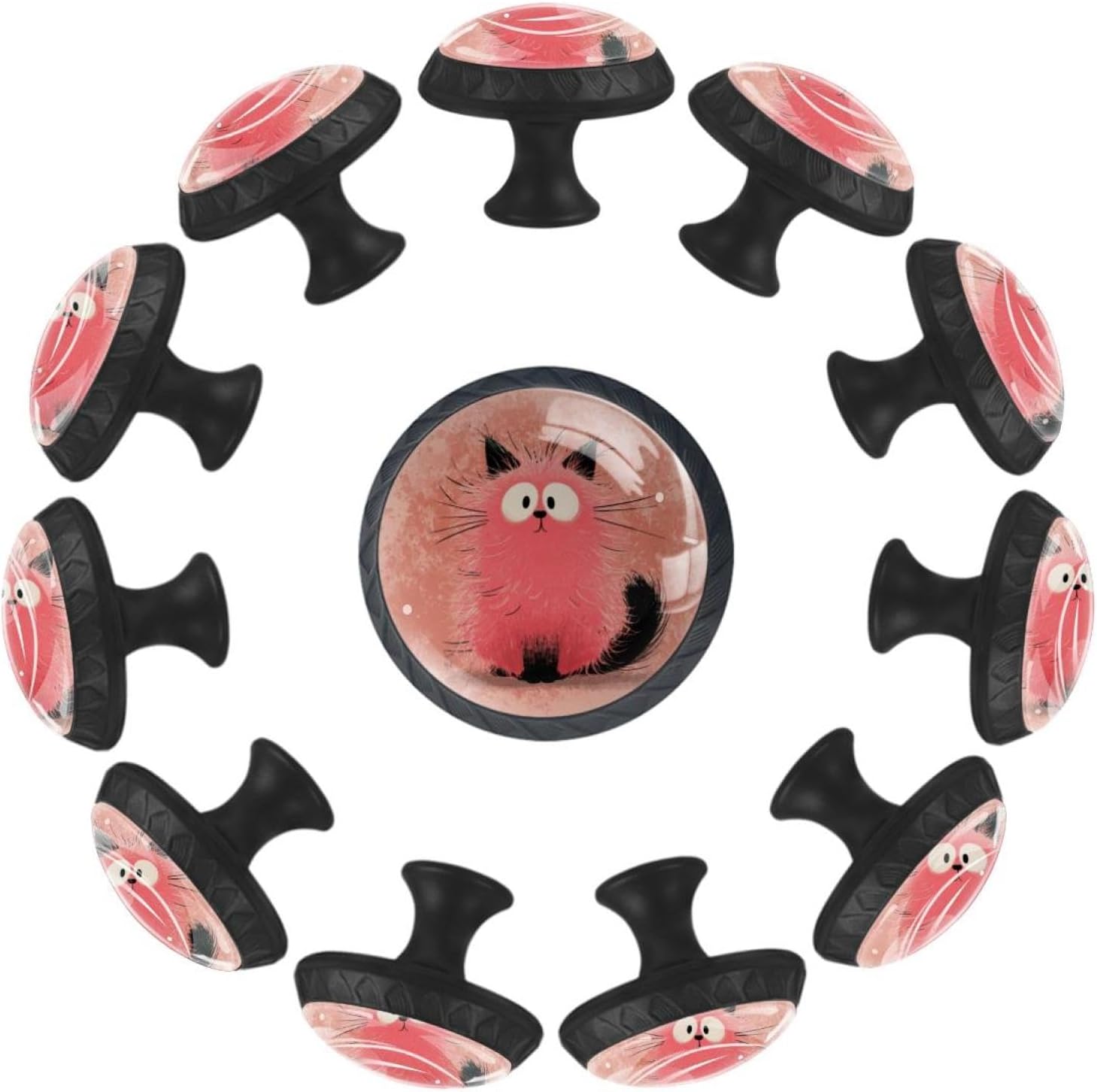 Black Cute Cartoon Cat Pink Printed Cabinet Knobs, Practical Drawer Knobs for Kitchen Bedroom Bathroom Decoration