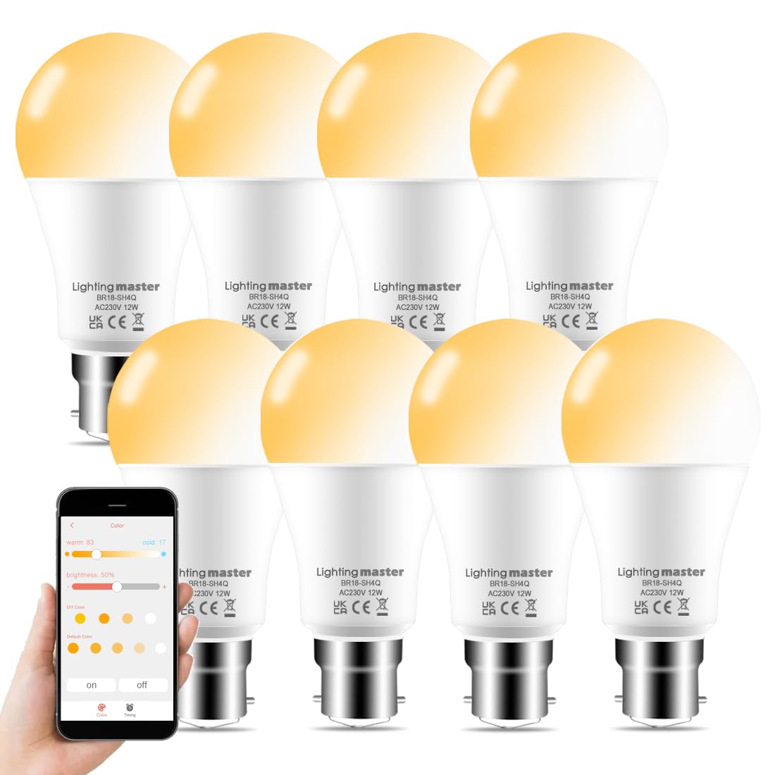 Lighting master Alexa Light Bulbs 120W Equivalent, Bluetooth Smart Bulb Warm White to Daylight Dimmable，B22 Bayonet Light Bulb with APP and Voice Control for Bedroom Kitchen Living Room (8 Packs)