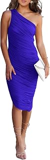Women's Ruched Bodycon Dress One Shoulder Sleeveless Party Cocktail Midi Pencil Dresses