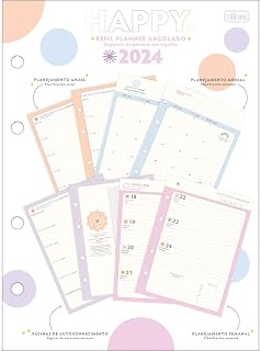 Tilibra - Refil Planner Argolado 17,7 x 24 cm Happy 90 G 2024 - Happy