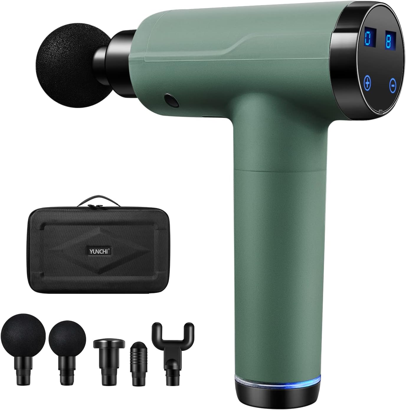 YUNCHI Deep Tissue Percussion Massage Gun, 20 Speed Levels 4 Massage Heads, Super Quiet Muscle Soreness Relief Handheld Massager for Home Use, LED Touch Screen with Carrying Case - Green