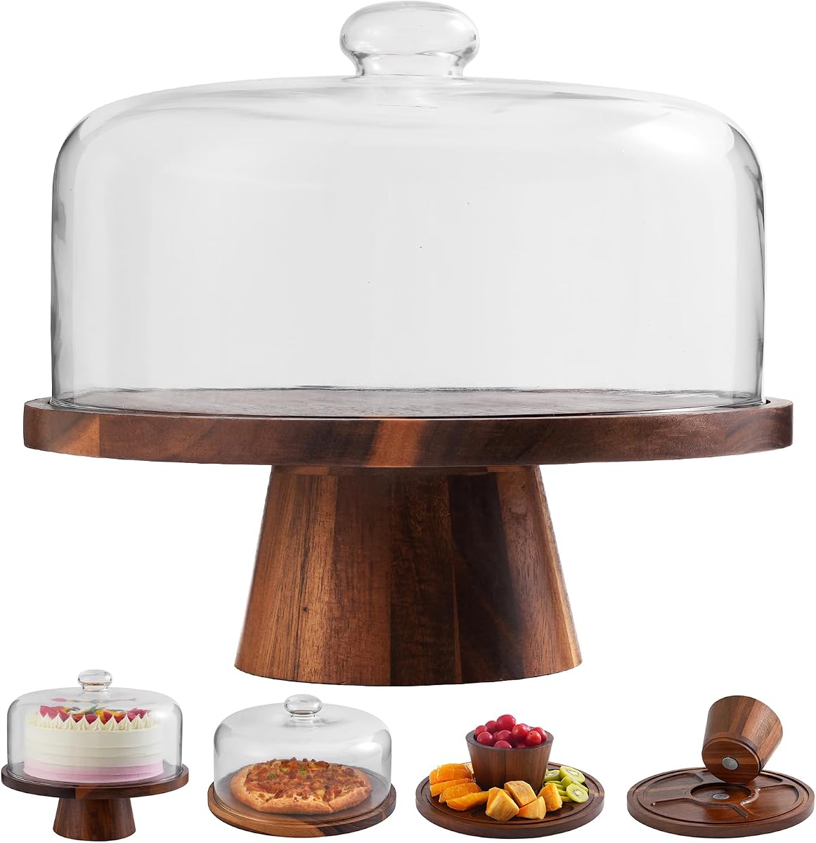 Acacia Wood Cake Stand with Glass Lid–12" Magnetic Base for Parties&Kitchen