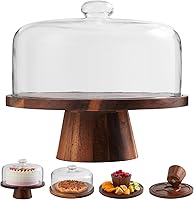 ChilkukUie 12" Acacia Wood Cake Stand with Glass Dome, Magnetic Base & Detachable Tray for Cakes, Charcuterie, Desserts