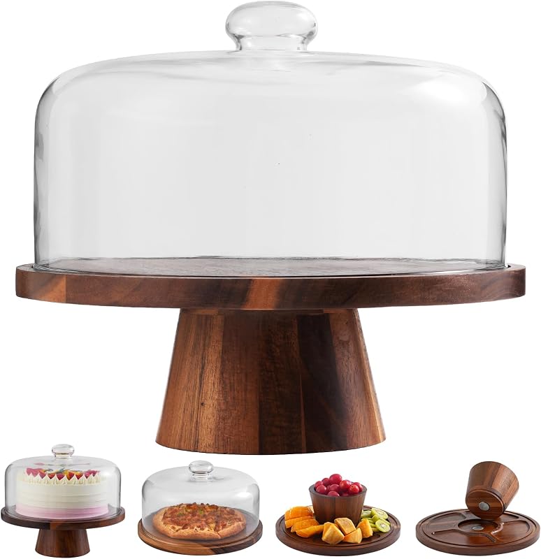Acacia Wood Cake Stand with Glass Lid–12" Magnetic Base for Parties&Kitchen