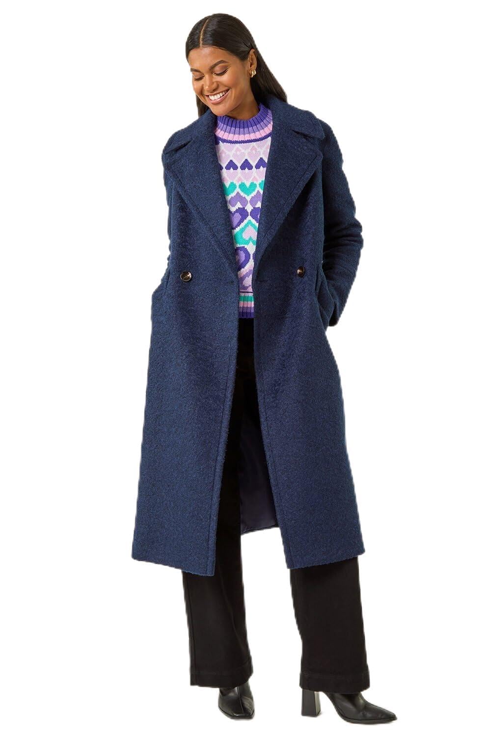 Roman Women's Navy Textured Buttoned Boucle Coat