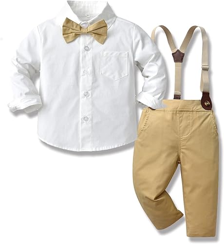 Conjunto de ropa de caballero de manga larga con corbatín y pantalones con tirantes para bebés y niños pequeños
