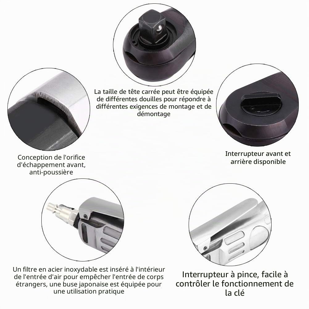 Clé à cliquet pneumatique, clé à Chocs pneumatique Professionnelle 1/2", entraînement par Couple Robuste, 50 pi-LB, clé à cliquet réversible à cliquet pneumatique, 160 TR/Min