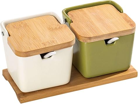 spice jars, Nordic Condiment Jar Spice ContainerWith Spoon And Wooden Lid,Simple Spice Jar Set For Base,Porcelain Seasonings Organizer,Kitchen & Dining Condiment Pots-White*2-square  Color White+Ma