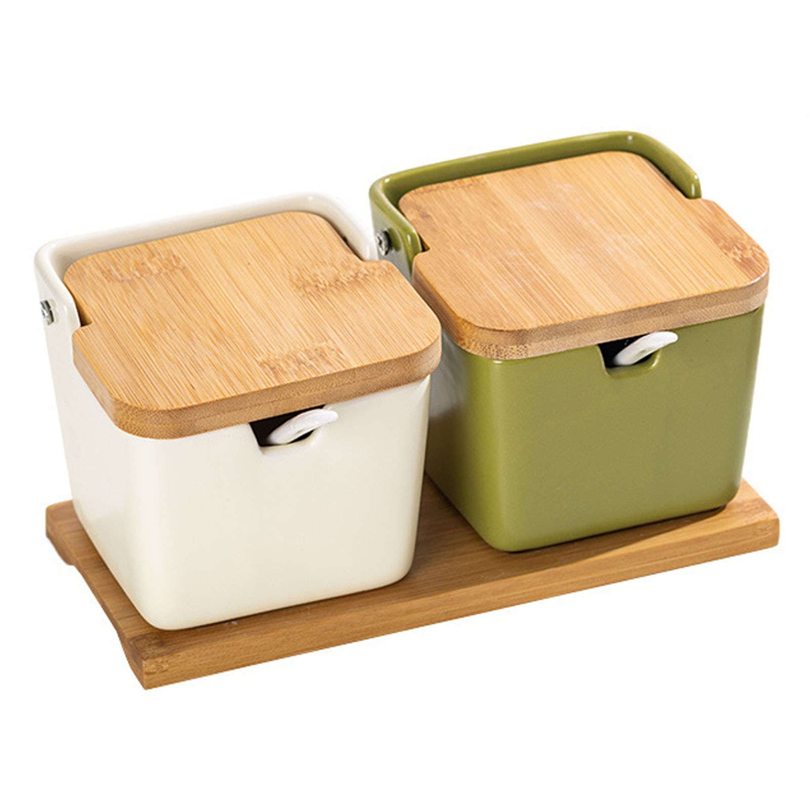 Vorratsdosen aus Glas – nordischer Gewürzbehälter mit Löffel und Holzdeckel, einfaches Gewürzdosen-Set for den Boden, Gewürz-Organizer aus Porzellan, Gewürztöpfe for Küche und Esszimmer, weiß, 2-eckig