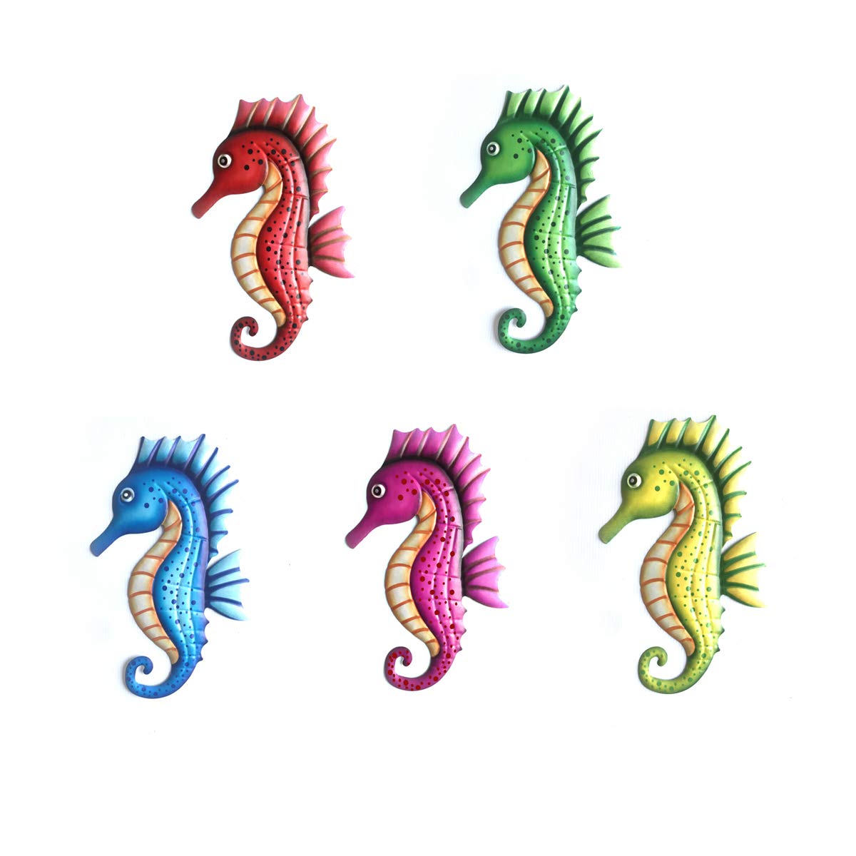 Funlive Ocean Decor Metal Seahorse Wall Decor Bathroom Ocean Glass Art Metal Art Outdoor Hanging Beach Theme Decorations Blue Sea Life Sculpture for Patio, Porch or Fence Set of 5