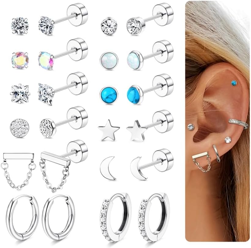 ZELORES12 Pairs Flat Back Earrings for Women Conch Helix Cartilage Hoop Earrings Stainless Steel Earrings Set for Multiple Piercing 18K Gold Plated Opal Ball CZ Flat Back Stud Earrings