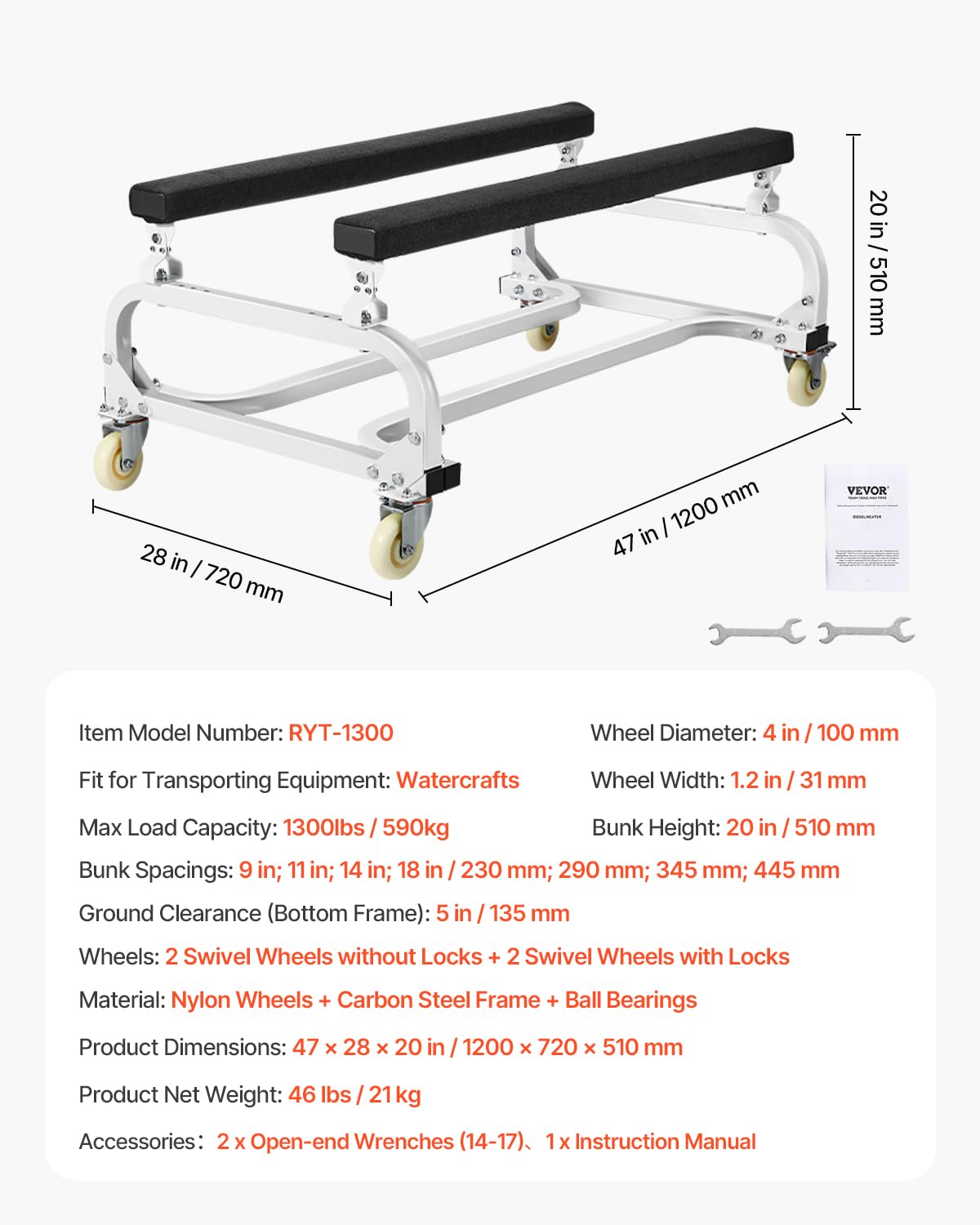 VEVOR Jet Ski Dolly 590kg Tragfähigkeit, Bootswagen, Transportwagen zum Bewegen von Wasserfahrzeugen, verstellbare Kojen mit 4 Rollen & 2 Bremsen, robuster Slipwagen für Kajaks, Jet-Skis, Schnellboote