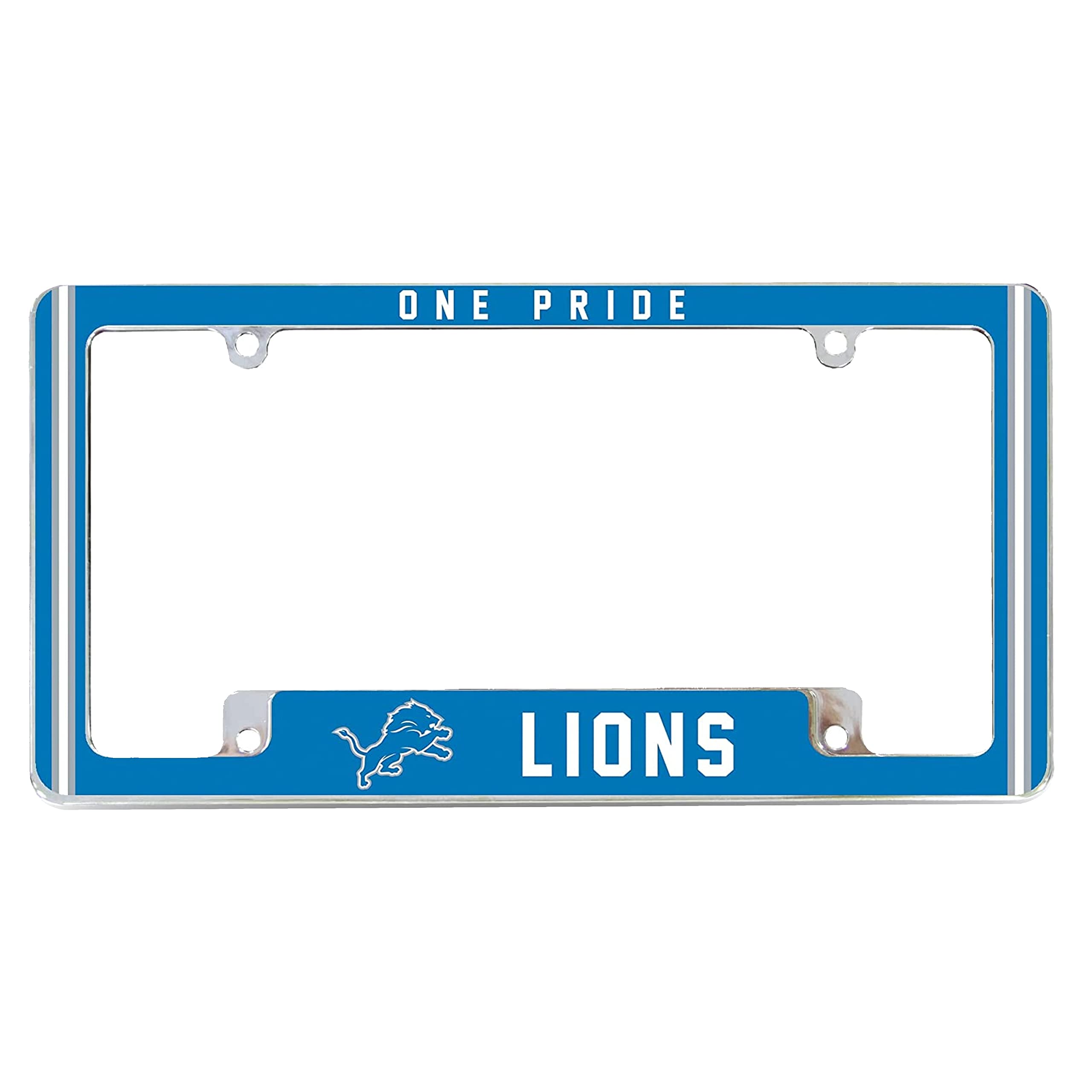 NFL Detroit Lions “One Pride” Premium Full Color Long Lasting Zinc Alloy Chrome Plated Team License Plate Frame - 4 Screw Tag Holder with Highlighted Team Pride Cheer