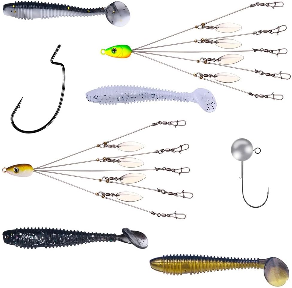 62-Piece Boxed Alabama Rig Set with Jig Heads, T-Tail Soft Baits and Hooks, Alabama Umbrella Rig, Fishing Accessories for Freshwater and Saltwater Fishing