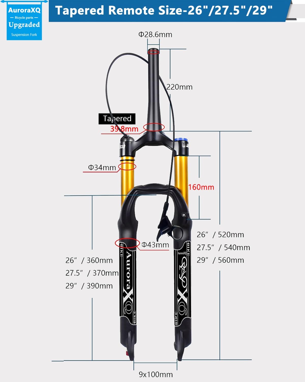 AuroraXQ Widelec Pneumatyczny MTB 26/27,5/29 Cal, Skok 160 mm