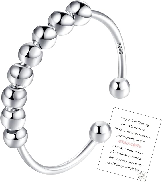 PRETOLE S925 Sterling Silver Anti Anxiety Ring for Women, Adjustable Anxiety Beads Open Ring To My Daughter Fidget Ring with Card Spinner Worry Ring Anxiety Ring for Daughter,With Jewellery Box