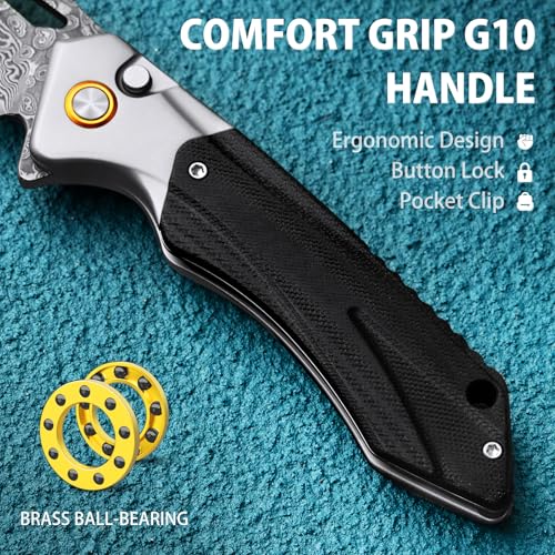 Image of LOTHAR LICH KING Damascus Pocket Knife for Men, Damascus Folding Knife | Handmade Forged VG10, G10 Handle, Father Day Gifts for Men Cool EDC Knives, Pocket Clip, Pocket Knife for Camping Box Cutter