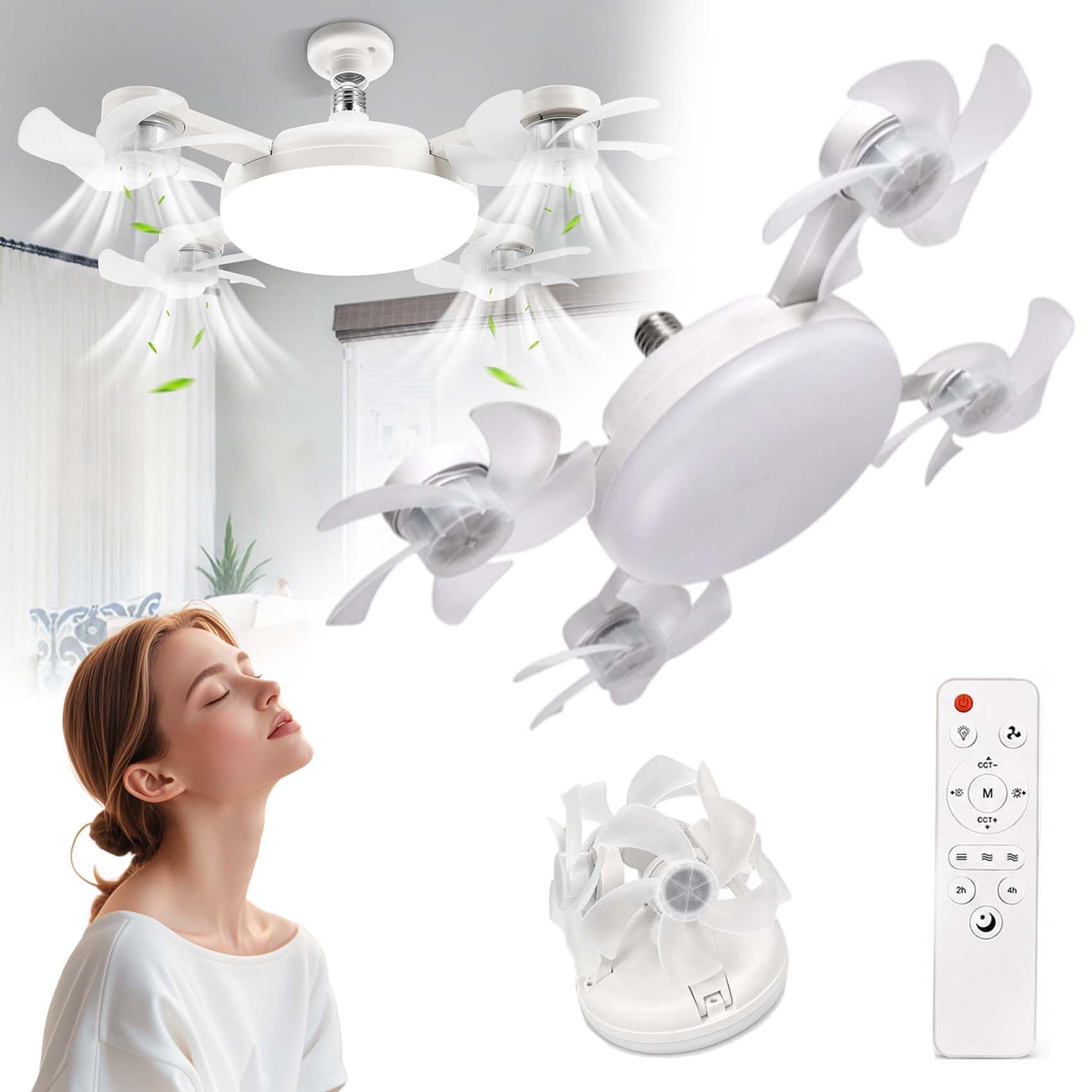 2026 New E27 B22 Screw In Socket Ceiling Fan Light, Drone-style 4 Head 2-in-1 Silent LED Fan Lamp with Remote Control, 3 Speed 3 Color Dimmable Timing Quiet Bulb Fan for Bedroom Kitchen (Four fans)