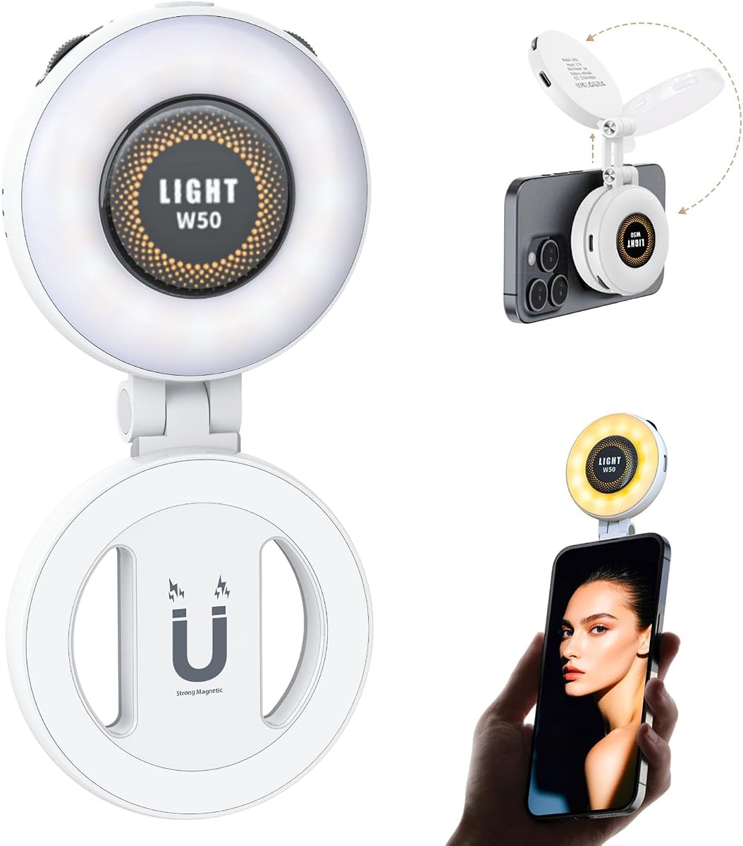 Luz de selfie portátil magnética para iPhone - Luz de anillo de teléfono recargable para cámara Imagen Maquillaje Fotos Videoconferencias Luz de relleno de anillo de selfie LED TikTok/Llamadas con zoom/Videoconferencia