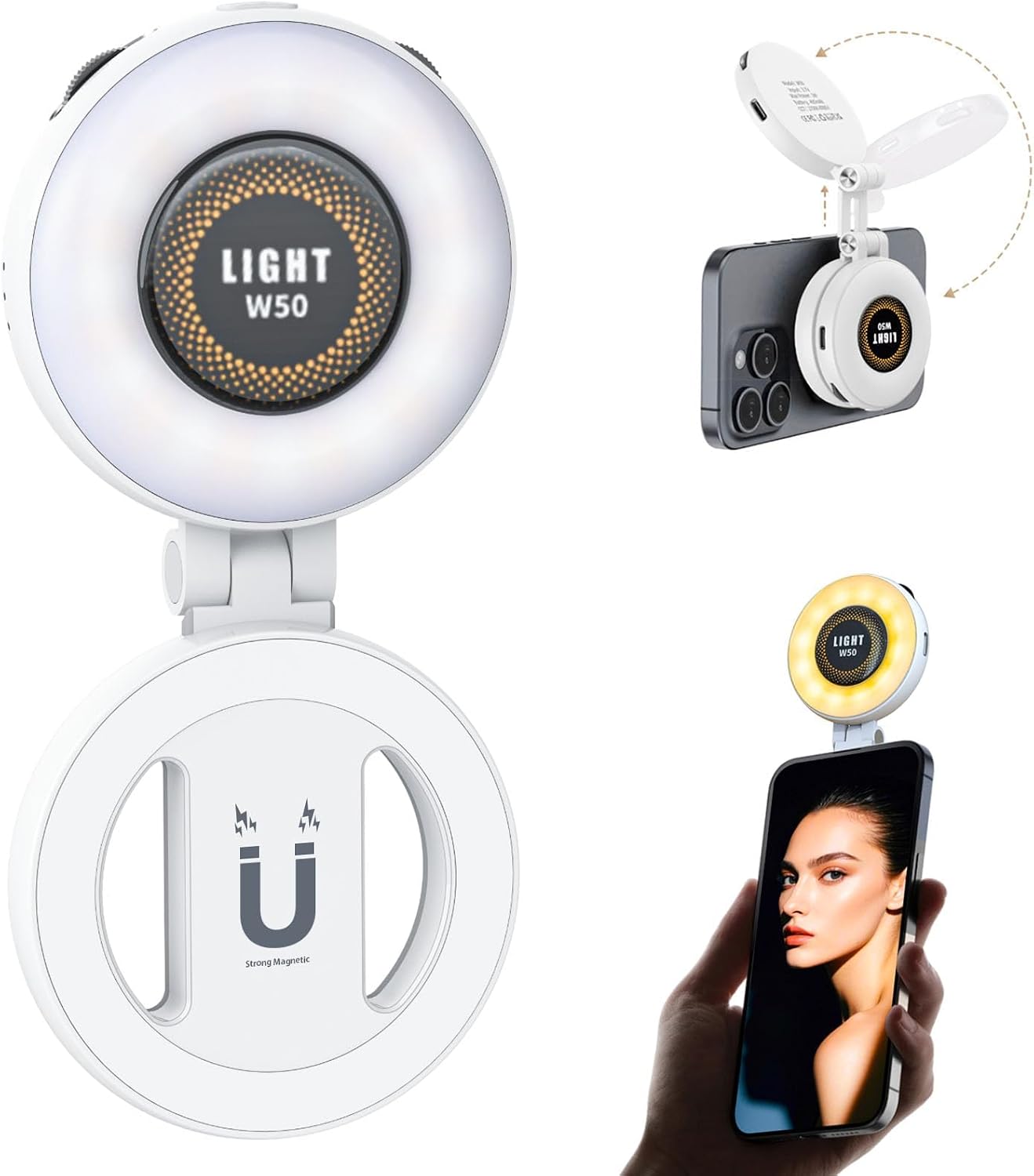 Magnetic Portable Selfie Light for iPhone - Phone Ring Light Rechargeable for Camera Picture Make up Photos Video Conferences LED Selfie Ring Fill Light TikTok/Zoom Calls/Video Conference