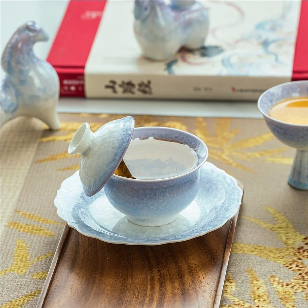 Kiln‑Altered Crystal Glaze Gaiwan Tea Bowl, Sancai Porcelain Gaiwan