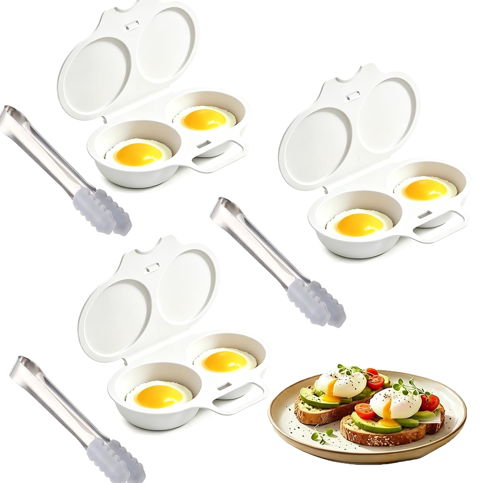 2-Cavity Poached Egg Maker With Silicone Clips, Microwave Egg Poacher With Lid & Handle,Non-Stick Reusable Kitchen Tool, Quick Breakfast Egg Cookefor Home Office Dorm, Easy Clean, White, 3 PCS
