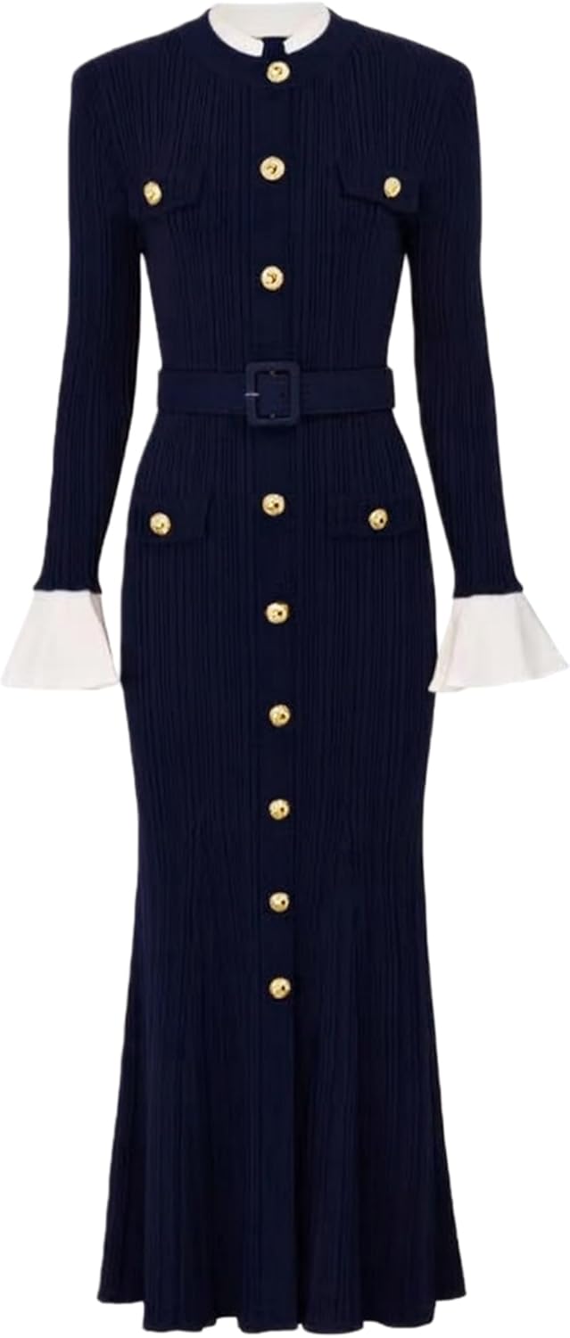 Women's Long Sleeve Knit Midi Dress Ruffle Cuff Button Front Design Flared Dresses for Office Cocktail Parties