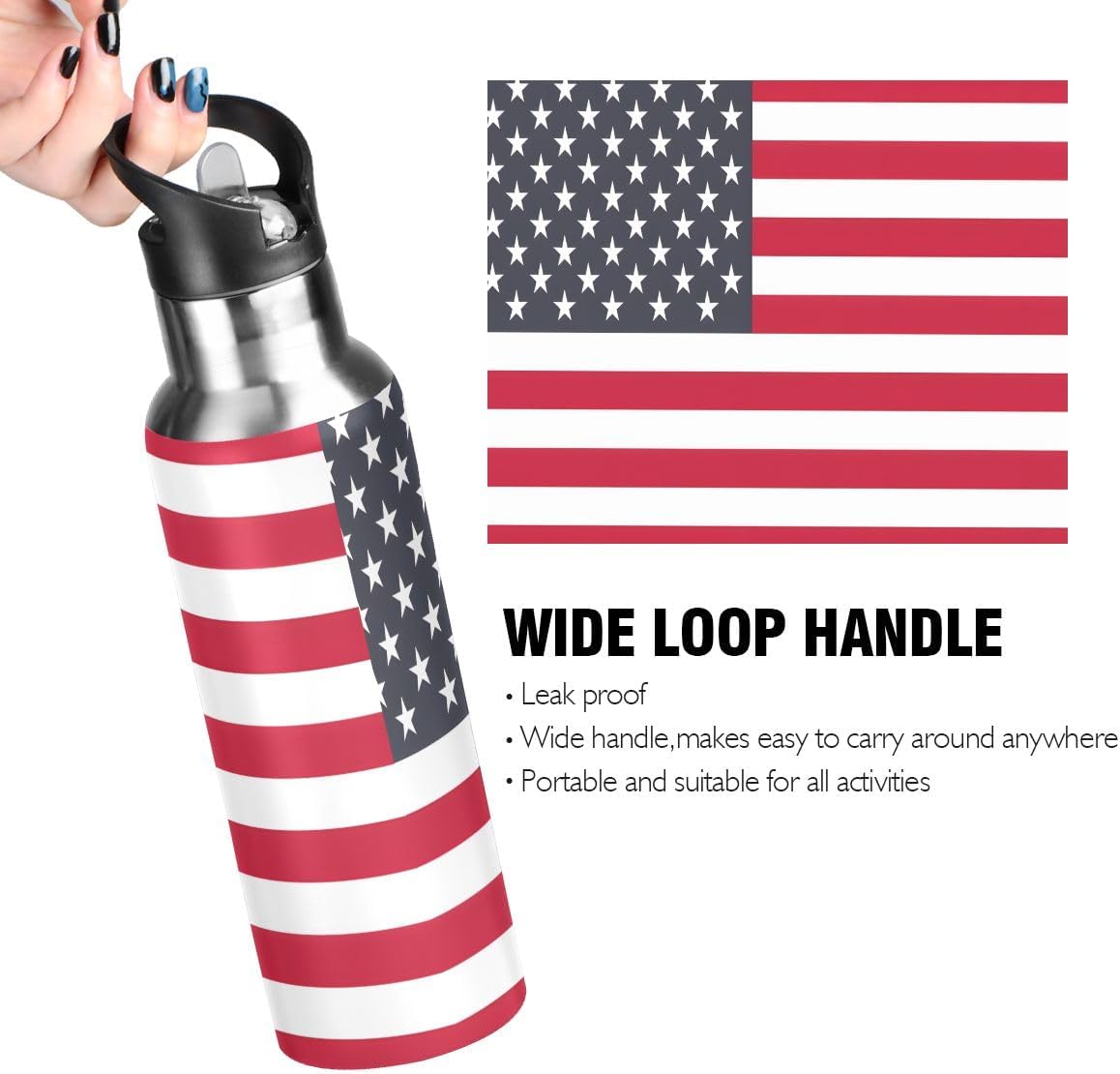 American Flag Water Bottle with Straw Lid, Stainless Steel Water Cup for 20 Oz Hot Cold Drinks