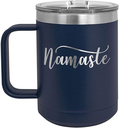 NAMASTE - Taza de café azul marino de 15 onzas con tapa deslizante  Taza de café de viaje aislada  Ideas de regalo únicas de mujeres u hombres