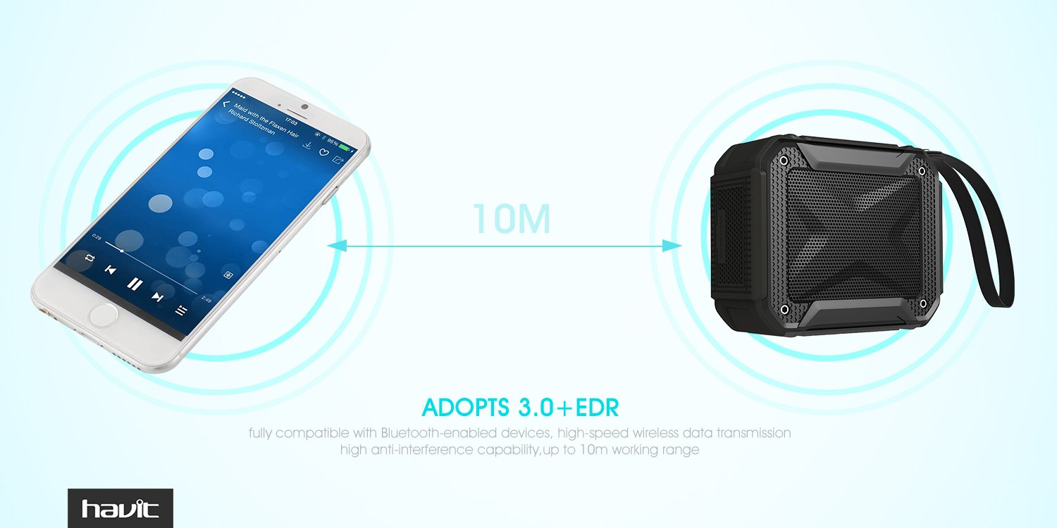 HAVIT HV-SK533BT speaker connected to a smartphone via Bluetooth, showing 10M range