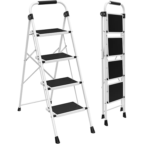 4-Step Folding Step Ladder, 330 lbs Heavy-Duty Metal Safety Ladder with Extra-Wide Anti-Slip Steps & Support Handle, Tall Step Stool for Home, Kitchen, Garage & Indoor Projects – Black