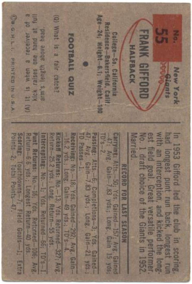1954 Bowman #55 Frank Gifford NY Giants NFL Football Card VG Very Good