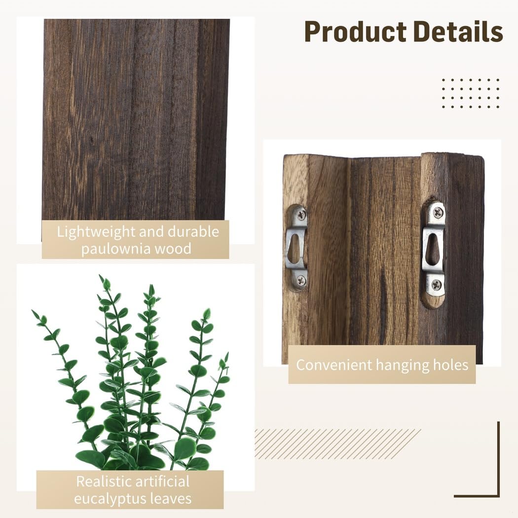 Paire de supports muraux en bois avec faux eucalyptus pour fleurs séchées
