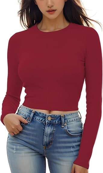 Womens Round Neck Long Sleeve Knit Ribbed Fitted Crop Top Casual Basic Shirts