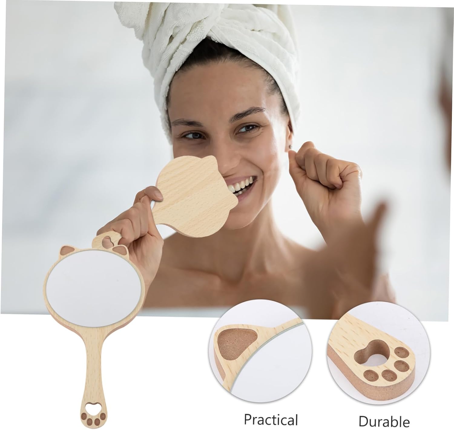 Ipetboom Cat Ear Handheld Makeup Mirror Wooden Handle Cute and Compact Cosmetic Tool for Girls and Women for Travel and Daily Use