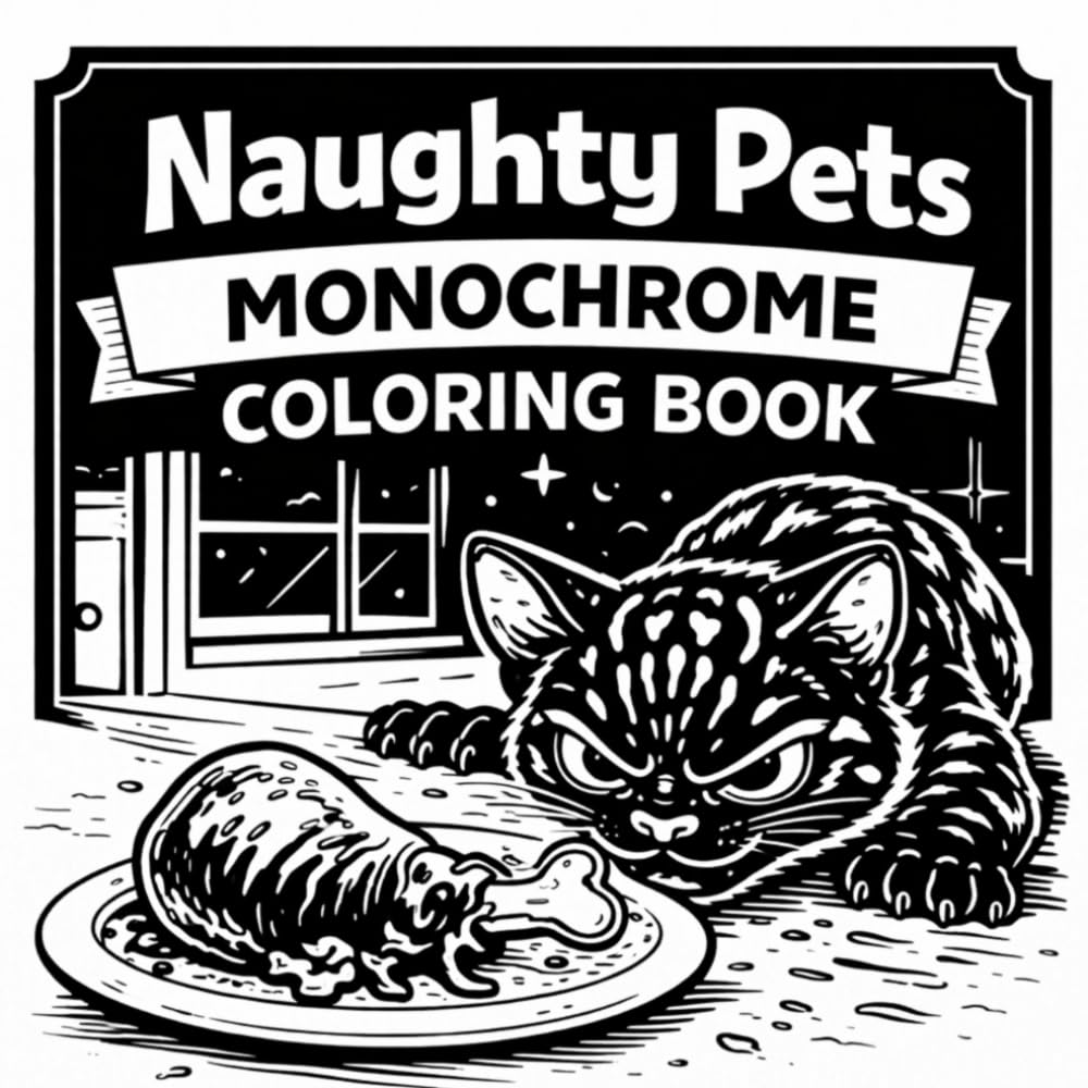 Naughty Pets Monochrome Coloring Book: Funny Mischievous Animals in Bold Black and White style Art for Relaxation and Stress Relief