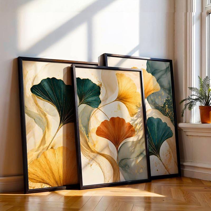 Image of NoWorries Abstract Ginkgo Leaf Wall Art Frames Set of 3 | Modern Botanical Look Paintings with Gold & Teal Leaves | Premium 300 GSM Prints in Synthetic Wooden Frames | Living Room, Bedroom, Office & Home Decor (BLACK, ART-16, 17X25INCHES)
