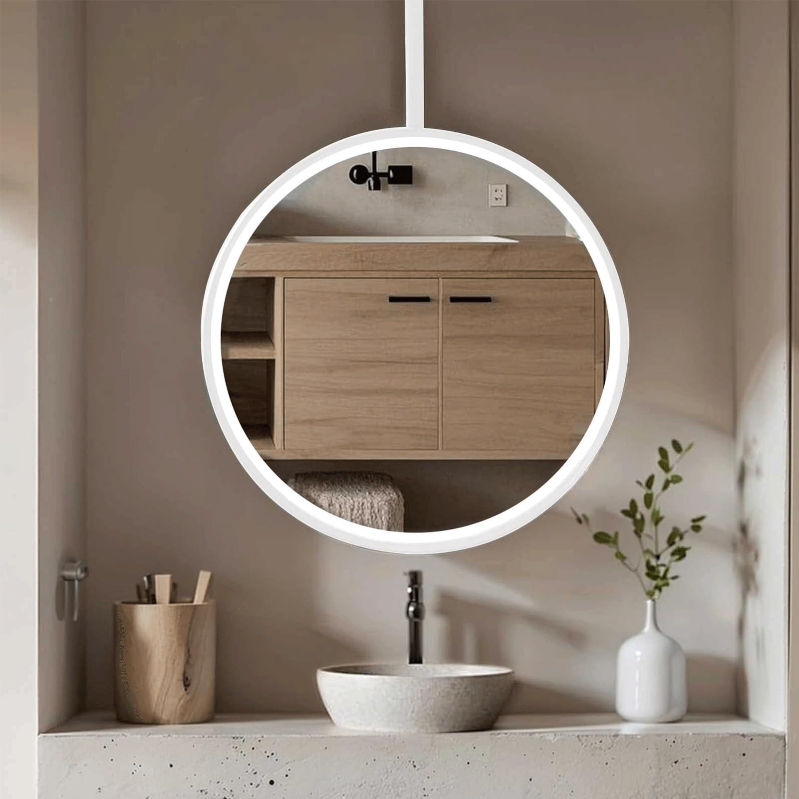 Miroir de salle de bain LED rond flottant avec cadre fin blanc