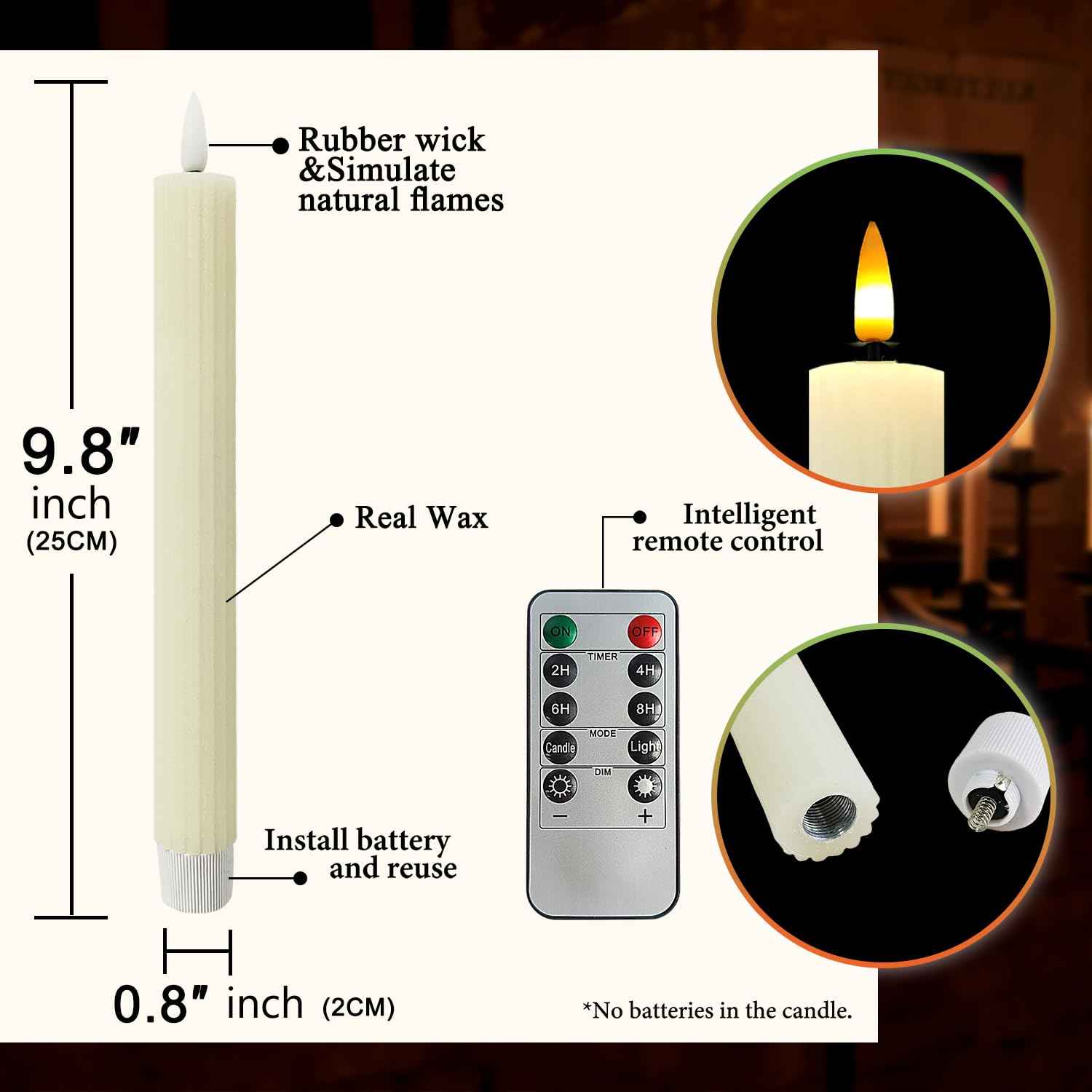 Lot de 6 bougies coniques cannelées rainurées sans flamme, blanc ivoire, 24 cm, bougies vacillantes avec télécommande et minuteur, bougies LED en cire véritable à piles pour fête de mariage