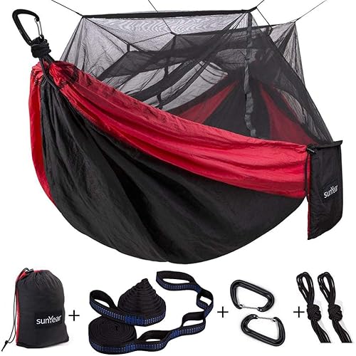 Miniatura 14 de Sunyear Hamaca de Camping, Hamaca Portátil Individual y Doble con Red, Tienda de Hamaca para 2 Personas con 2 Correas de 3 metros, Ideal