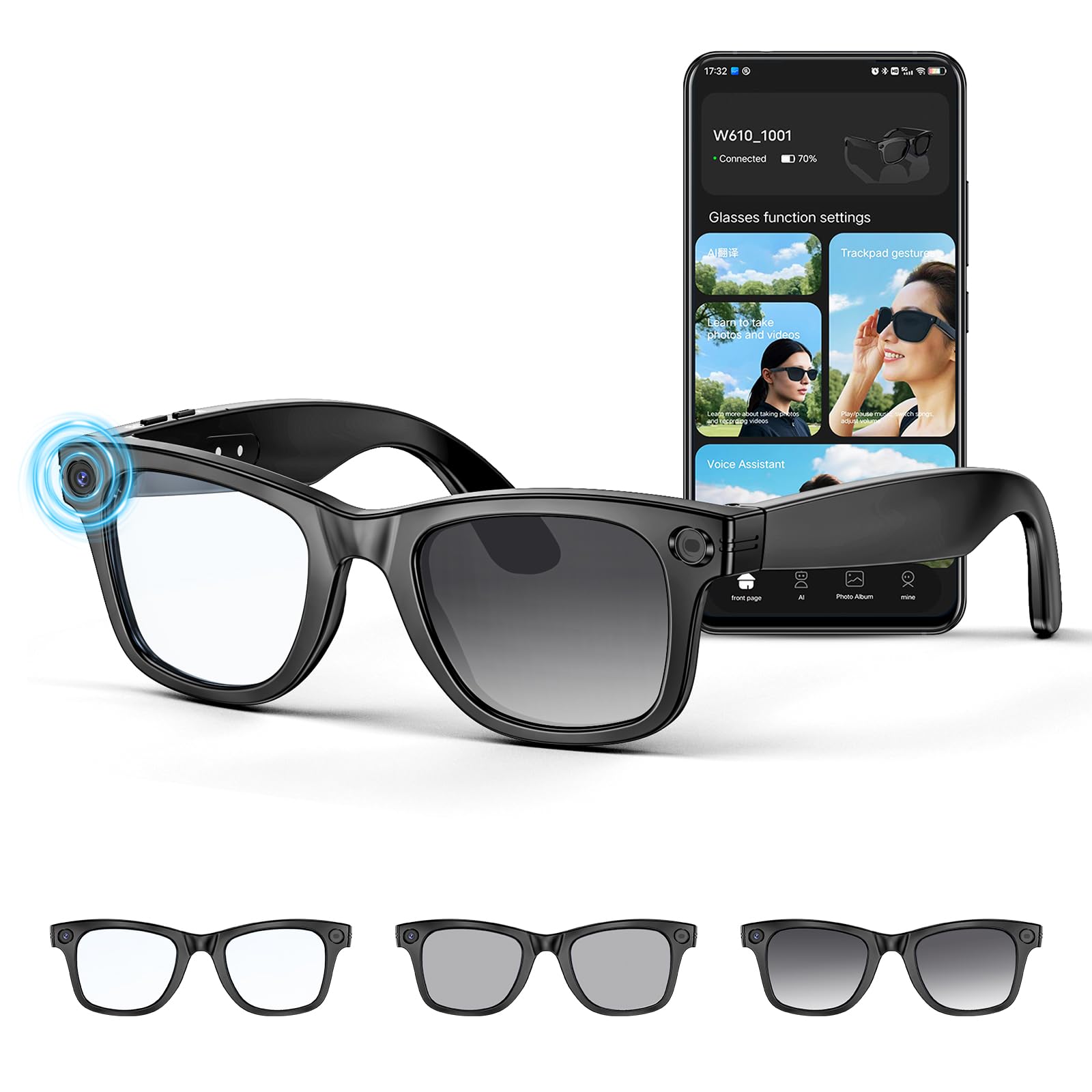 AI Smart Glasses with 8MP Camera for 4K Photo & Video, 3 Replaceable Lenses | Sunglasses, AI Voice Assistant, Real-Time Translation, Object Recognition, Bluetooth Calls, Dual-Mic ENC, Open-Ear Audio-image-16