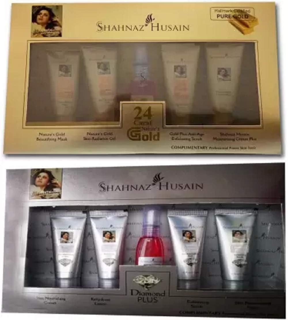 Shahnaz Husain Anti-Aging Herbal Facial Kit | Rejuvenates, Firms & Brightens Skin | Natural Skincare for Mature Skin (40g+15ml (pack of 2), Gold + Diamond)