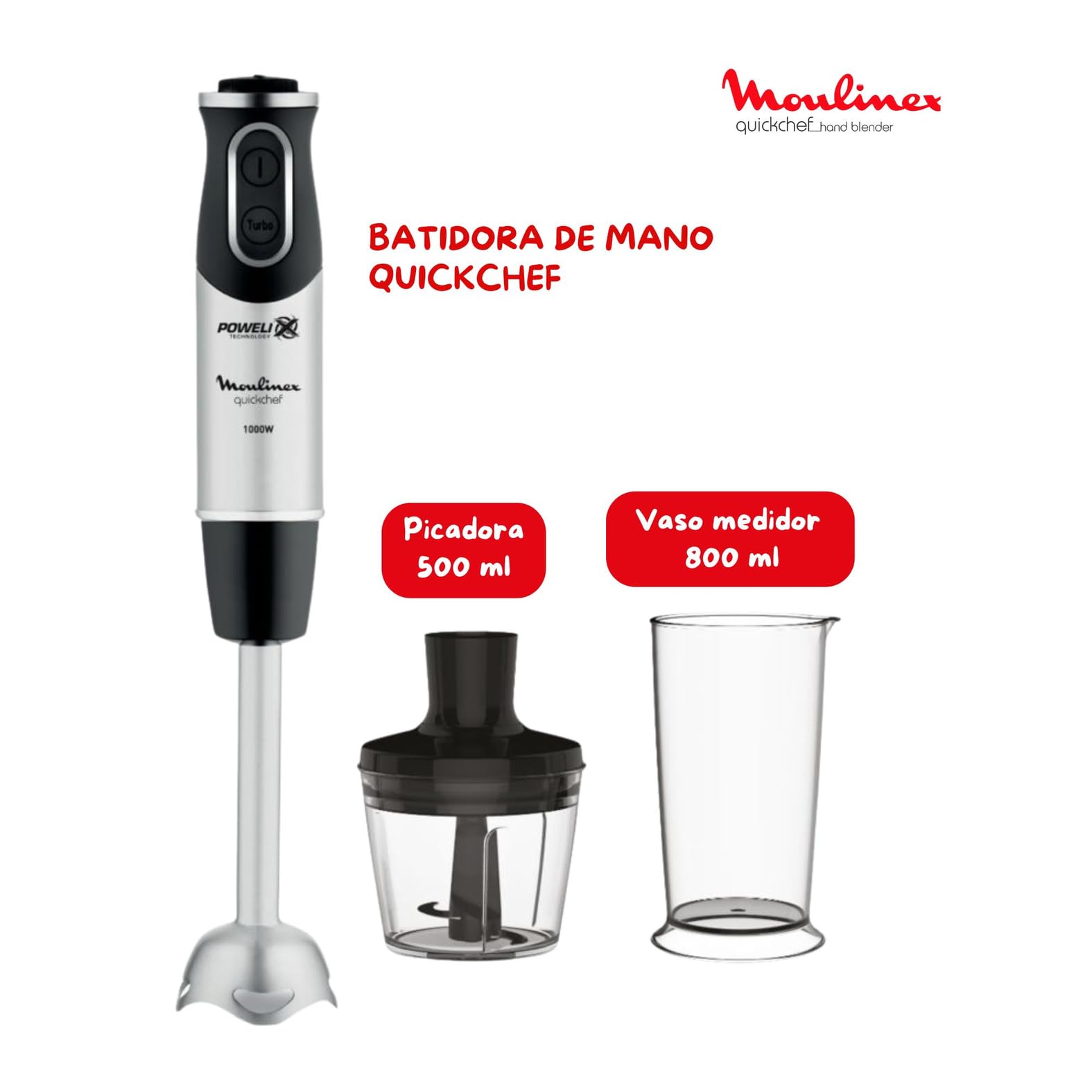 Moulinex QuickChef, Batidora de Mano de 1000 W, 10 velocidades variables y función turbo, Protector antisalpicaduras, Incluye picador de 500 ml y vaso medidor de 800 ml, Negra, DD6578