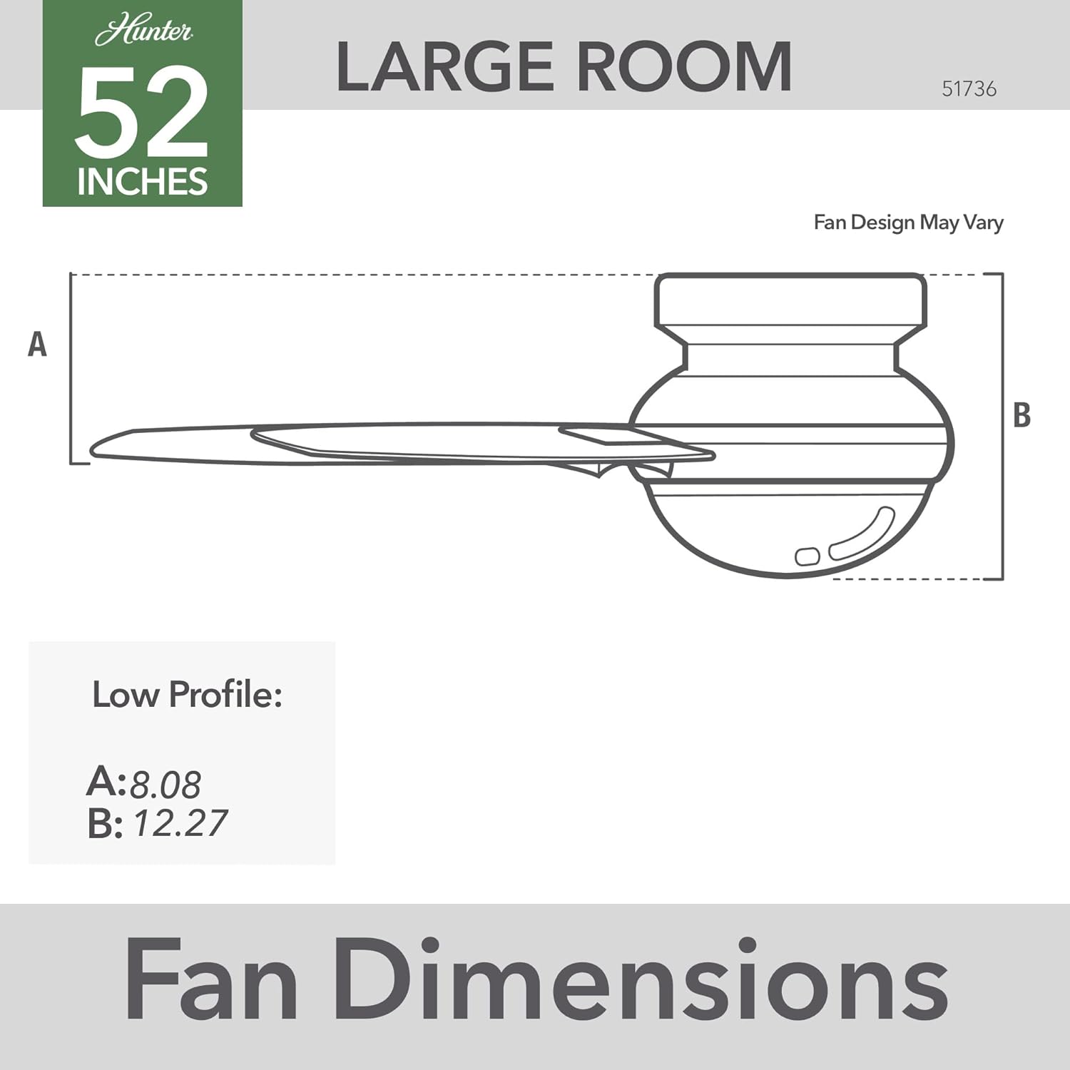 Hunter 52 inch Indoor Ceiling Fan with LED Light and Remote Control - Modern Ceiling Fan, Low Profile Mount, 4 Blades, For Bedroom, Living Room, or Kitchen, Quiet - Dempsey 51736, Matte Silver