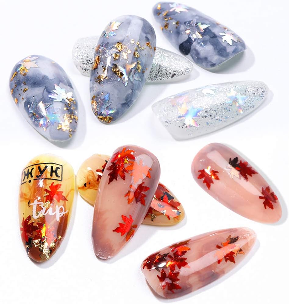 12 Colors Fall Leaf Nail Art Glitter Sequins - 3D Holographic Flake Metallic Maple Leaf Shaped Gold Red Yellow Nail Design Makeup DIY Nails Supply Glitter Decorations