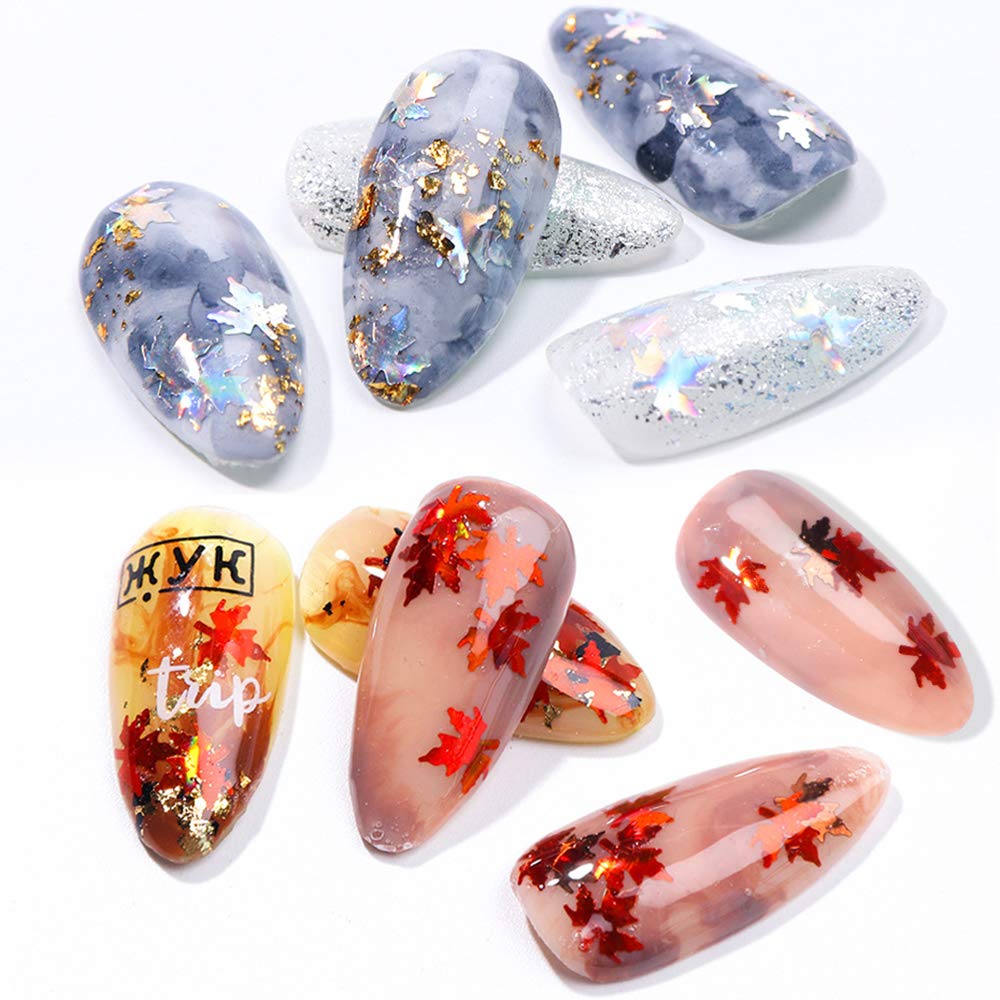 12 Colors Fall Leaf Nail Art Glitter Sequins - 3D Holographic Flake Metallic Maple Leaf Shaped Gold Red Yellow Nail Design Makeup DIY Nails Supply Glitter Decorations : Beauty & Personal Care