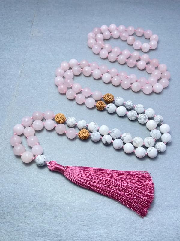 Mala tibétain en quartz rose AAA et rudraksha, un collier de perles noué main - 3