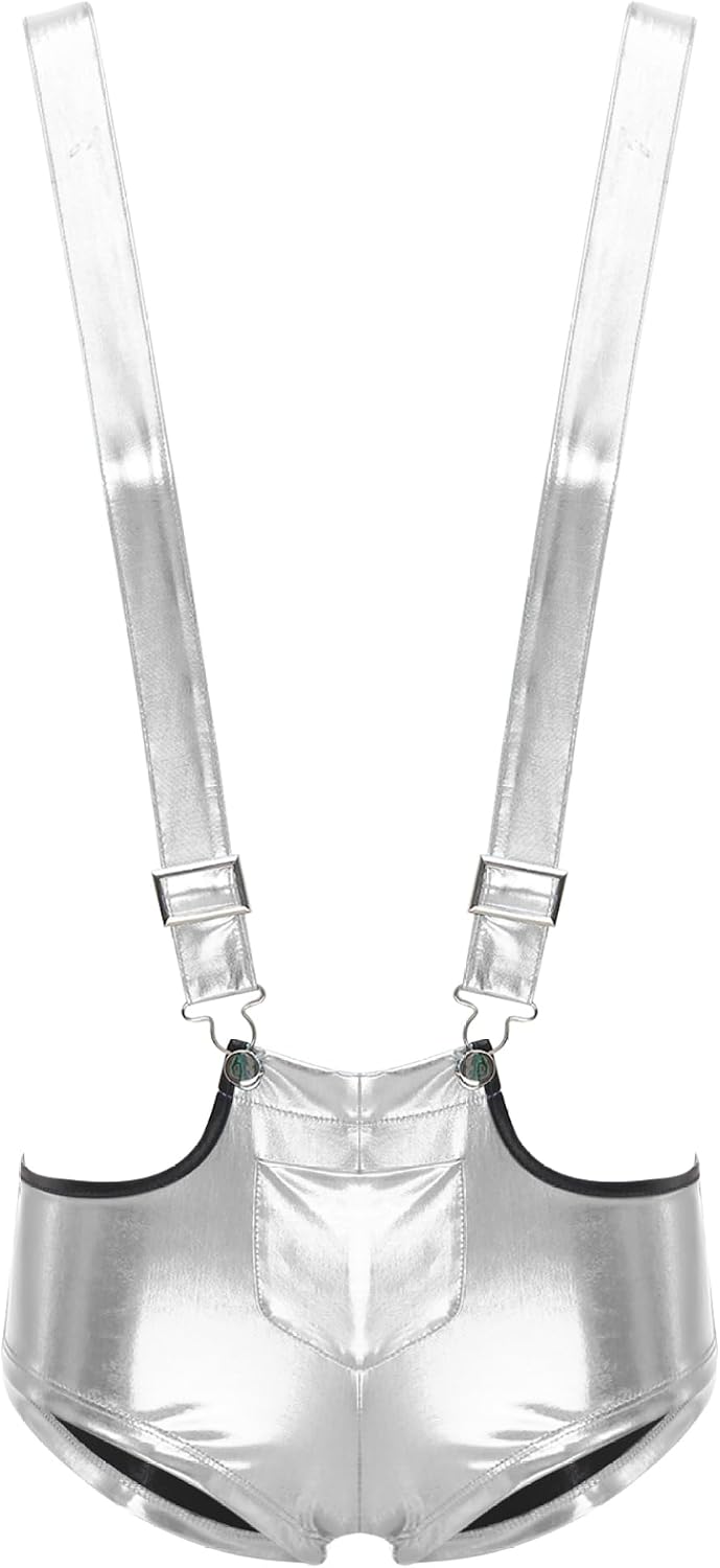 Women Shiny Metallic Suspenders Mini Shorts Hot Pants Fashion Holographic Rave Part Costume