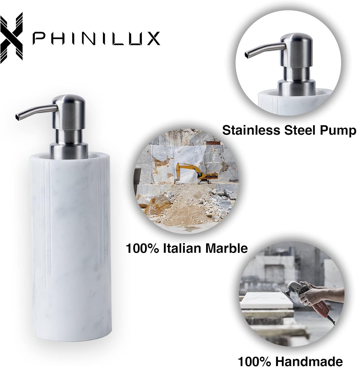 Luxurious White Marble Soap Pump Dispenser for Countertop, Bathroom & Kitchen, Hand or Dish Liquid Soap/Lotion 304 Steel Pump Bottle, Italy Carrara, Vanity