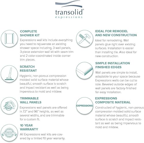 Miniatura 8 de Transolid EWKX483696-41 Expressions - Kit de pared de ducha de 6 paneles con extensión, 36 pulgadas de largo x 48 pulgadas de ancho x 96 pulgadas